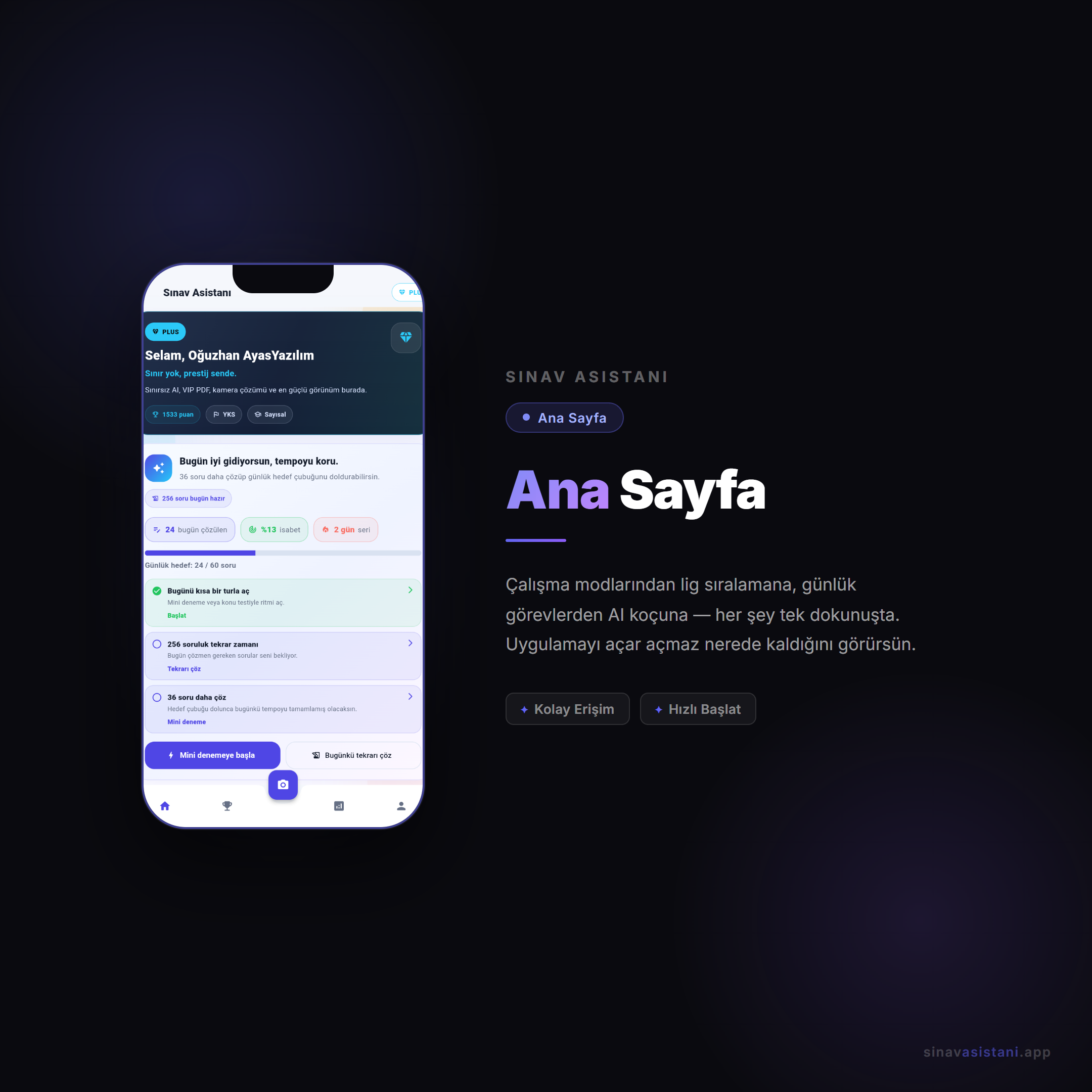 Sınav Asistanı ana sayfa ekranı — görev ve istatistik özeti