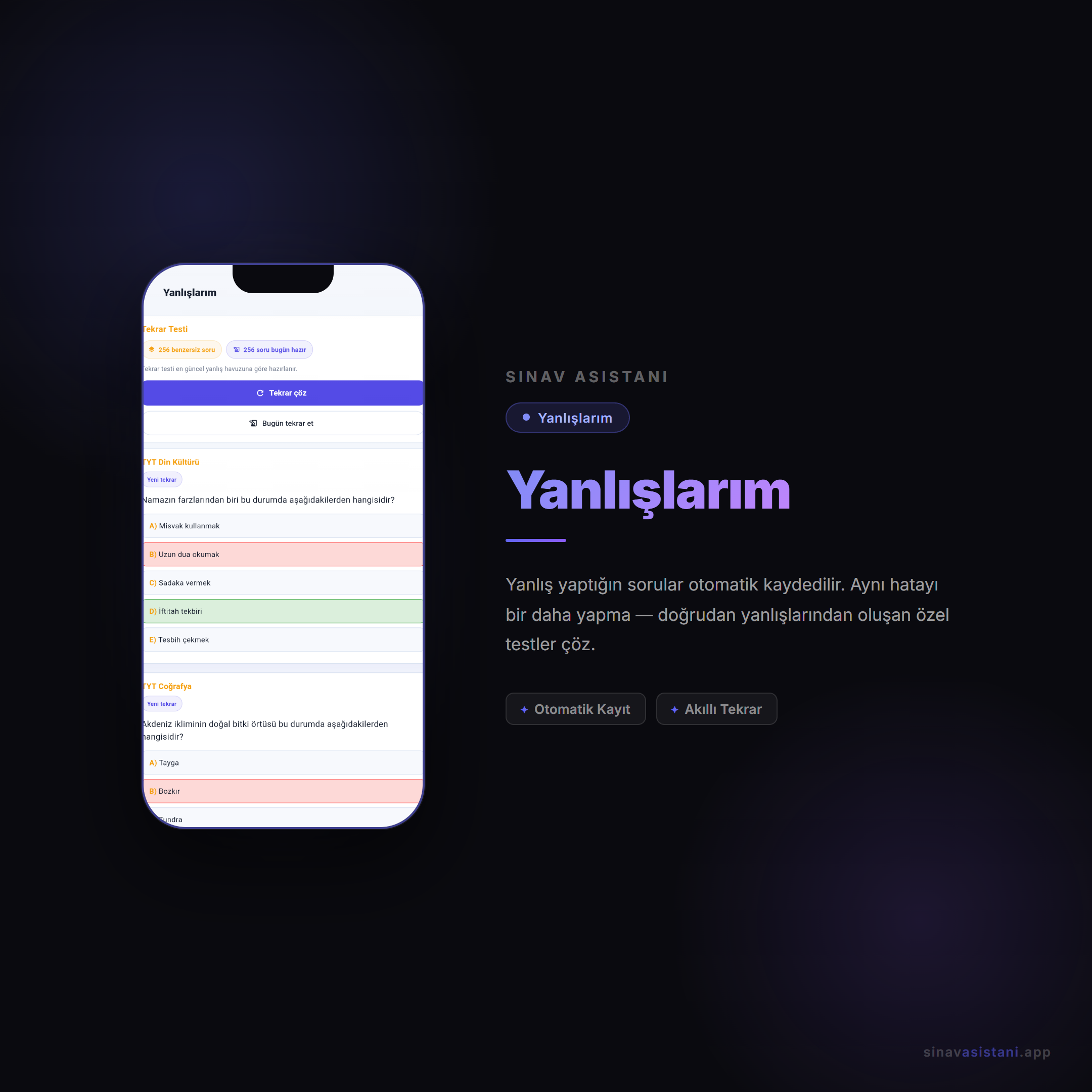 Yanlışlarım ekranı — hata analizi ve tekrar havuzu